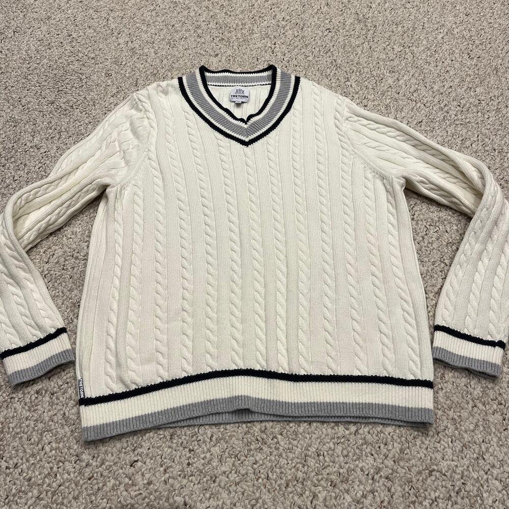 Tretorn Men's V Neck Cable Knit Sweater Sz XL Preppy Tennis Prep Academia